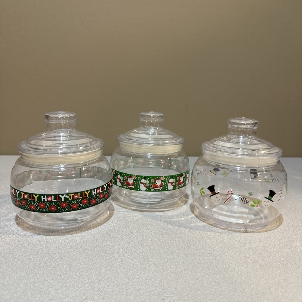 Christmas-themed Plastic apothecary or candy jars With Lids Jolly Snow Man Santa